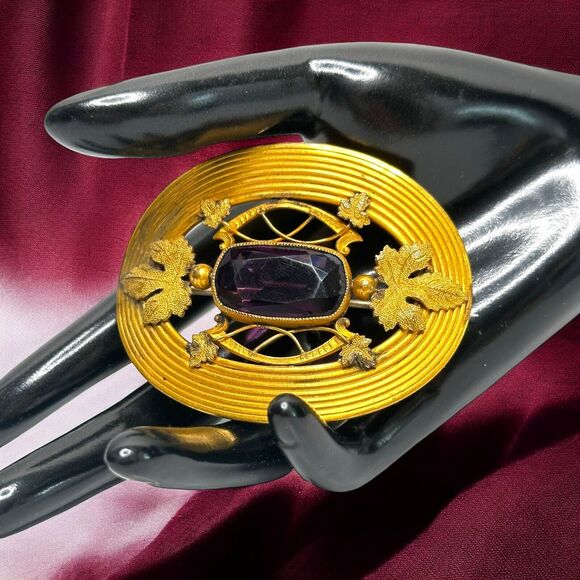 Art Nouveau Sash Pin Brooch Autumn Leaf design Amethyst Glass George L Paine Co - Picture 1 of 16